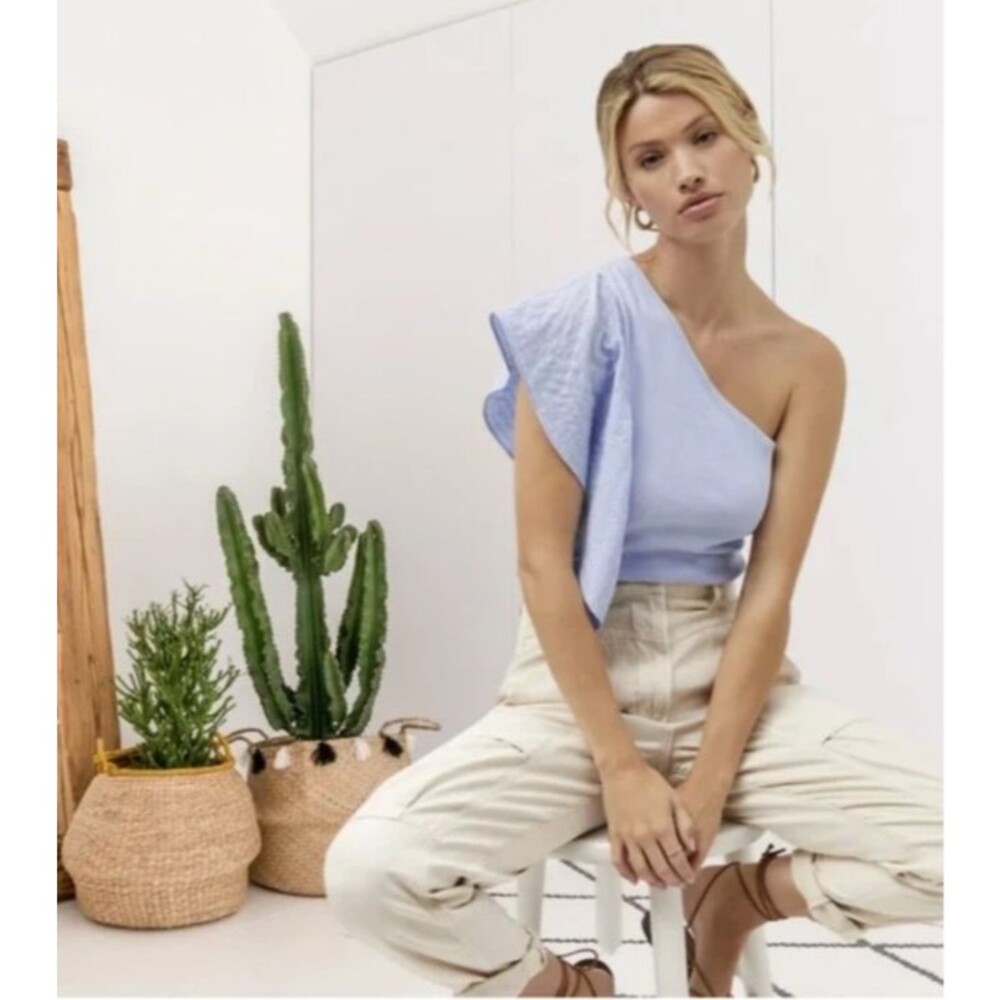 Anthropologie One Shoulder Ribbed Top Womens Light Blue Ruched Asymmetrical Sz S